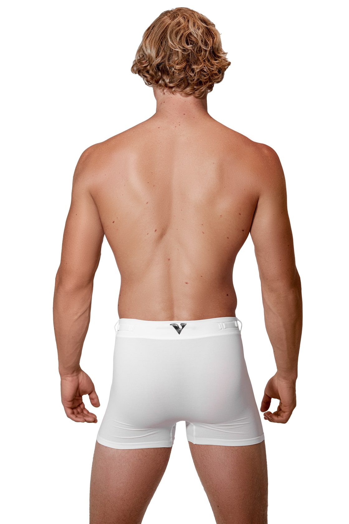 Man modeling the white Training  5" Trunk, full back view — Color: White