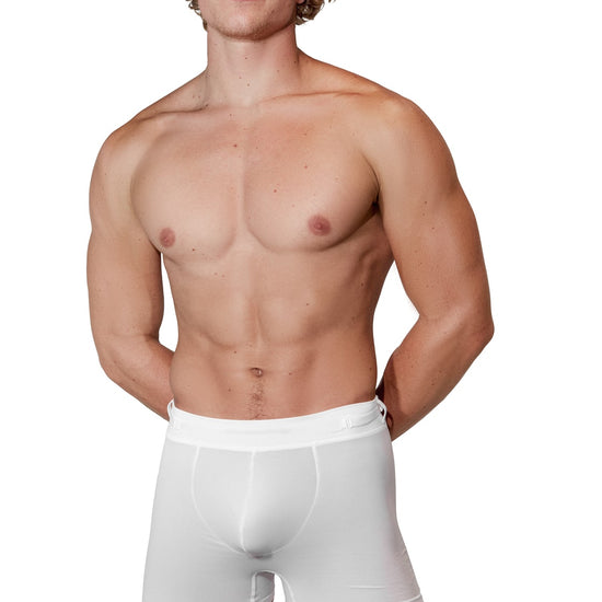 Man modeling the white Training  5" Trunk, front view — Color: White