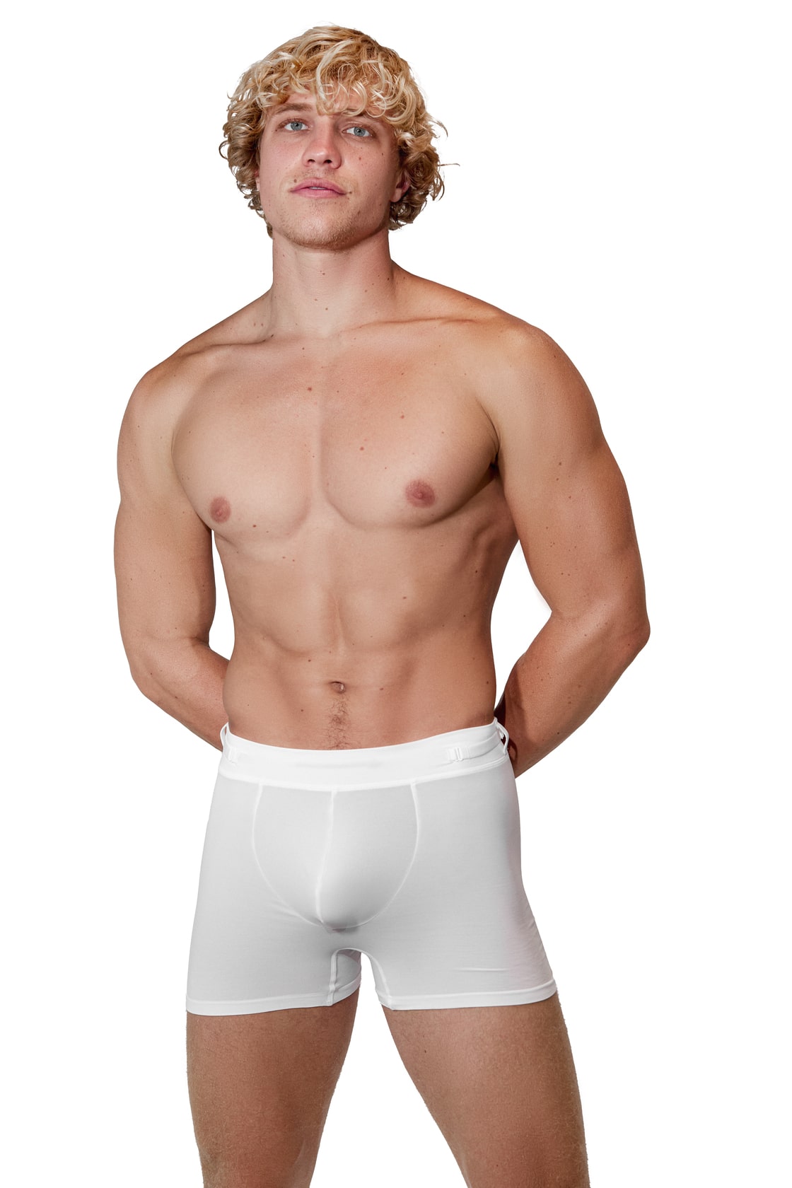 Man modeling the white Training  5" Trunk, front view — Color: White