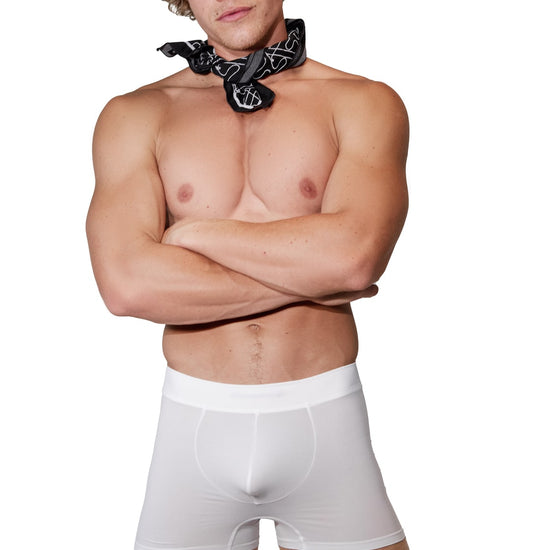 Man modeling the white Sculpt Jockstrap 5" Trunk, front view — Color: White