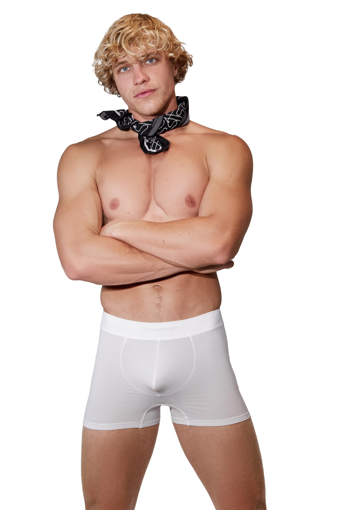 Man modeling the white Sculpt Jockstrap 5" Trunk, front view — Color: White