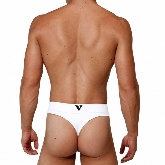 Man modeling the white Core Thong, full back view — Color: White