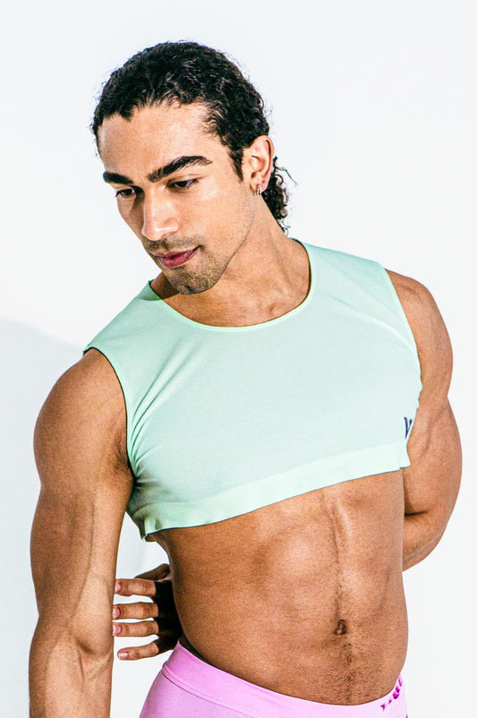 Virtue Model Mason Levant wearing Virtue Mint crop top and taffy pouch strap briefs