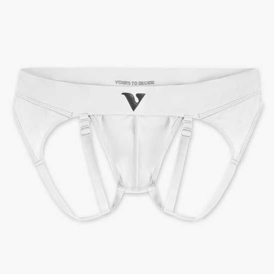 Men’s white smooth pouch-fit Sculpt Jockstrap Brief, back product view — Color: White