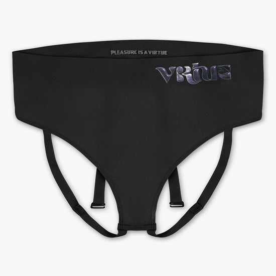 Virtue Genderless Strap Brief Jockstrap Compact Fit Sheer Knit Black Color Front View