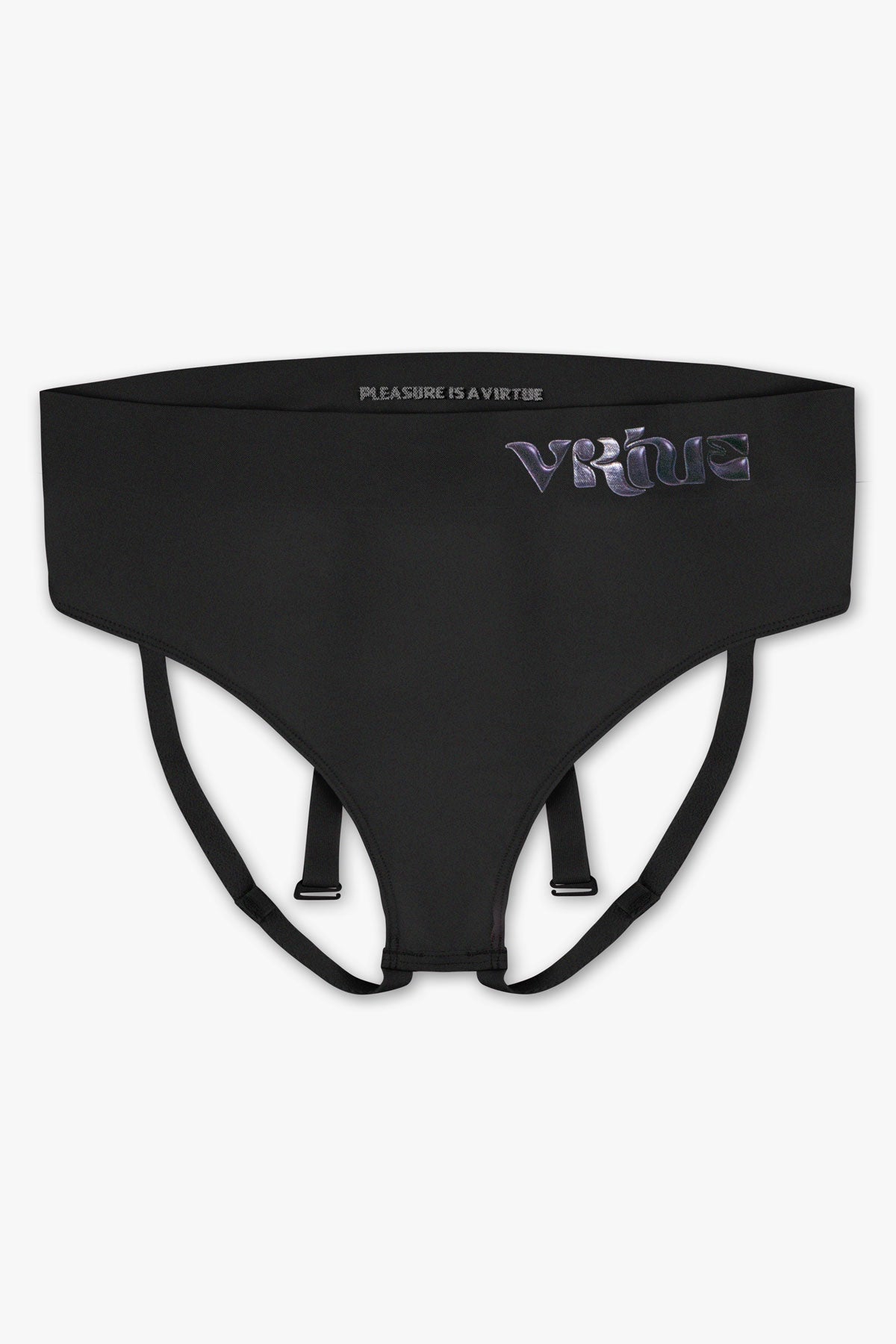 Virtue Genderless Strap Brief Jockstrap Compact Fit Sheer Knit Black Color Front View