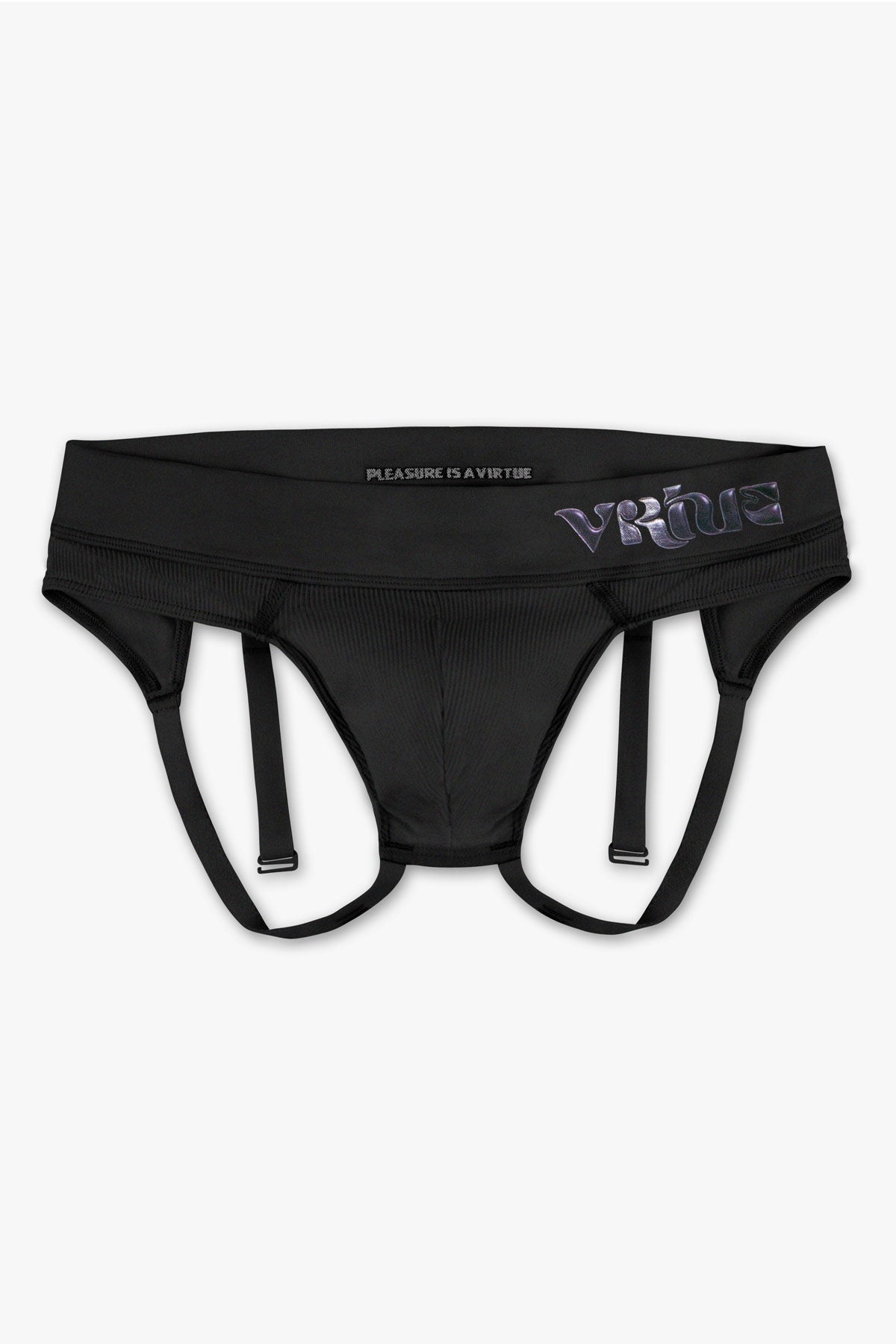 Virtue Genderless Strap Brief Jockstrap Pouch Fit Rib Knit Black Color Front View