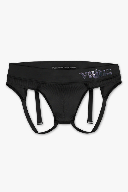 Virtue Genderless Strap Brief Jockstrap Pouch Fit Rib Knit Black Color Front View