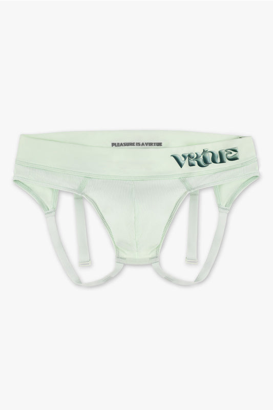 Virtue Genderless Strap Brief Jockstrap Pouch Fit Rib Knit Mint Color Front View