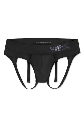 Men’s black smooth pouch-fit Sculpt Jockstrap Brief, front product view — Color: Black