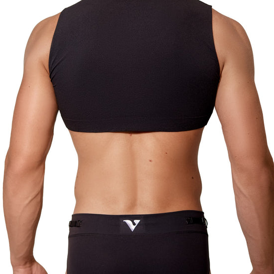 Model wearing the black Mini Crop Top with black briefs, back view — Color: Black