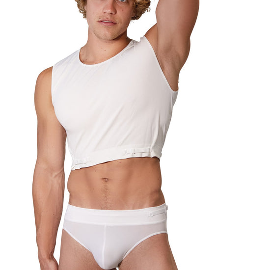 Man modeling the white Core Brief, front view — Color: White