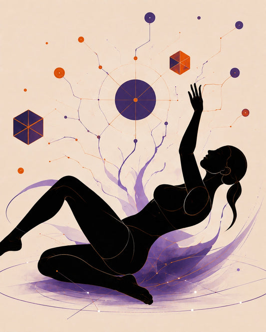 Abstract digital art print featuring a black silhouette of a woman reaching upward, surrounded by purple and orange geometric shapes and lines on a warm beige background.
