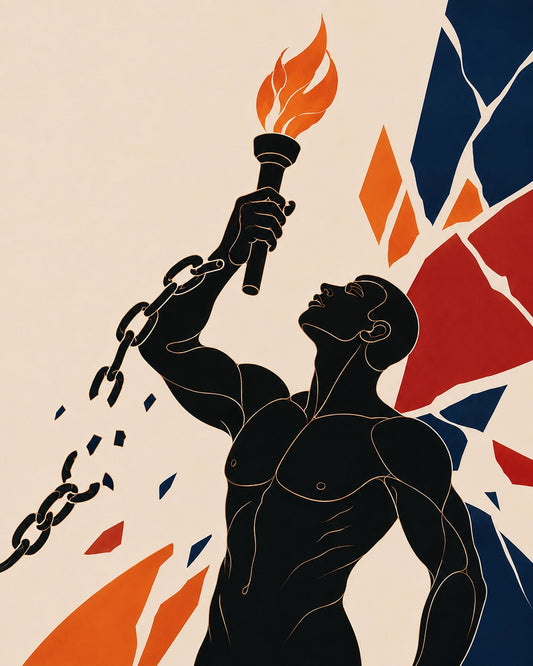 A stylized graphic illustration of a muscular male figure in black silhouette holding a flaming torch above his head, with a broken chain extending from the torch. The background is a warm cream color with bold abstract geometric shapes in navy blue, red, and orange.