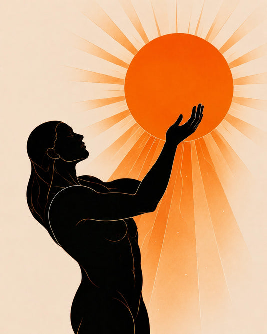 A stylized illustration of a muscular human silhouette facing a large glowing orange sun with radiating rays on a warm cream background.